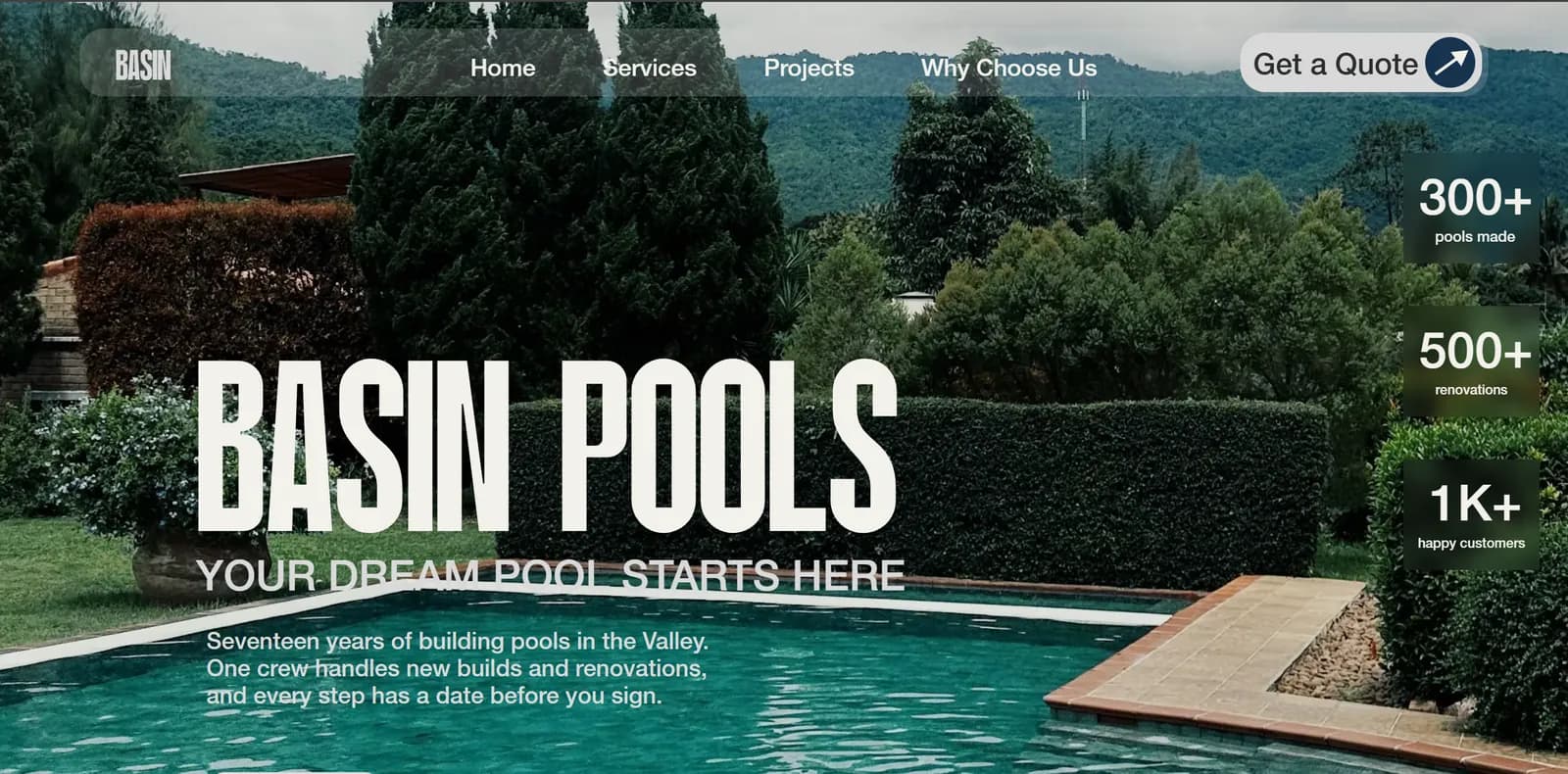 Basin Pools website. 'Basin Pools, your dream pool starts here' over a garden pool, with project counts down the side.