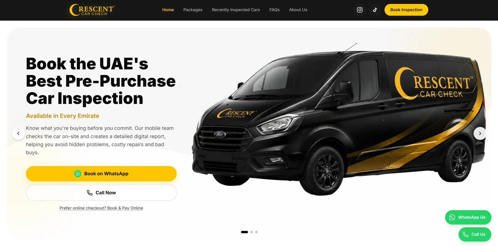 Crescent Car Check website. The hero reads 'Book the UAE's best pre-purchase car inspection' beside a branded inspection van.