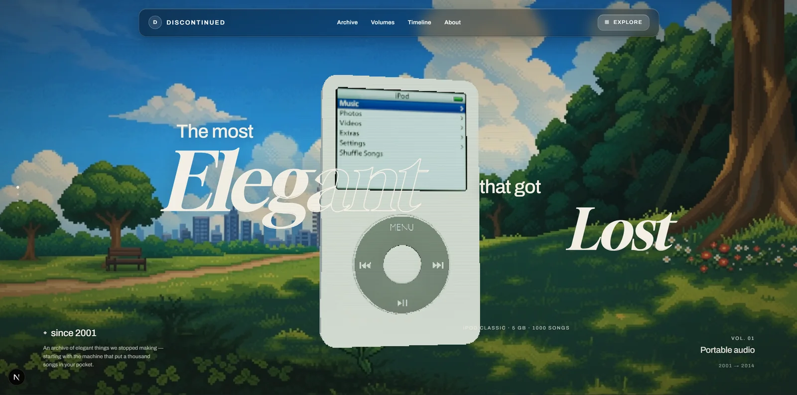 Discontinued website. An illustrated hero with a classic iPod and the line 'The most elegant that got lost'.