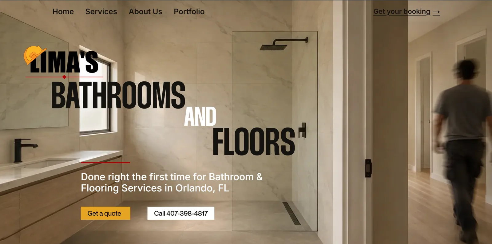 Lima's No Limits website. 'Lima's Bathrooms and Floors' set in heavy type over a finished marble bathroom.