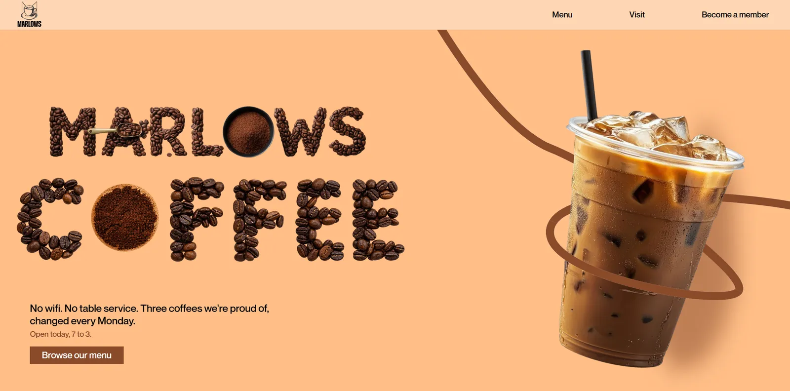 Marlows Coffee website. The name spelled out in coffee beans beside an iced latte on a warm orange background.