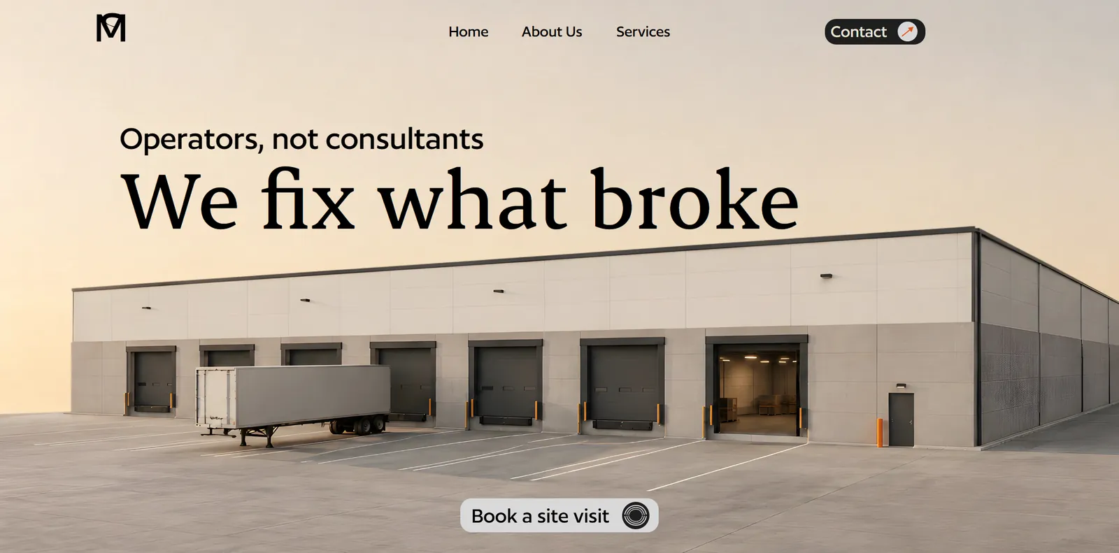 Meridian Solutions website. 'Operators, not consultants. We fix what broke' above a warehouse with its loading docks.