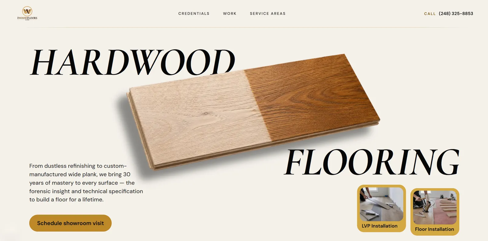 1 Wood Floors website. 'Hardwood Flooring' in large italic serif around a plank shown half raw, half stained.