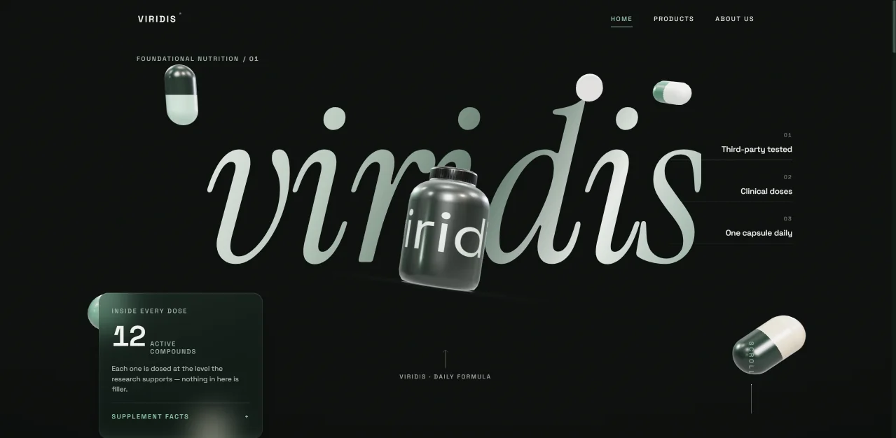 Virdis Supplement website. The Virdis wordmark in an italic serif with capsules floating around it.