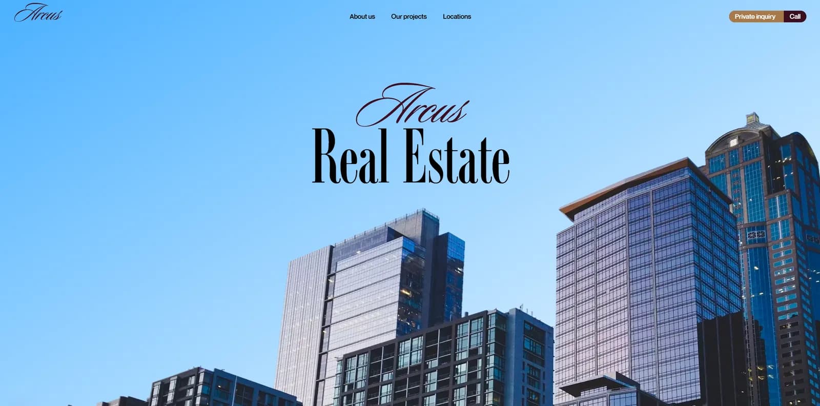 Arcus Real Estate website. The Arcus script wordmark over 'Real Estate' against glass towers and a blue sky.