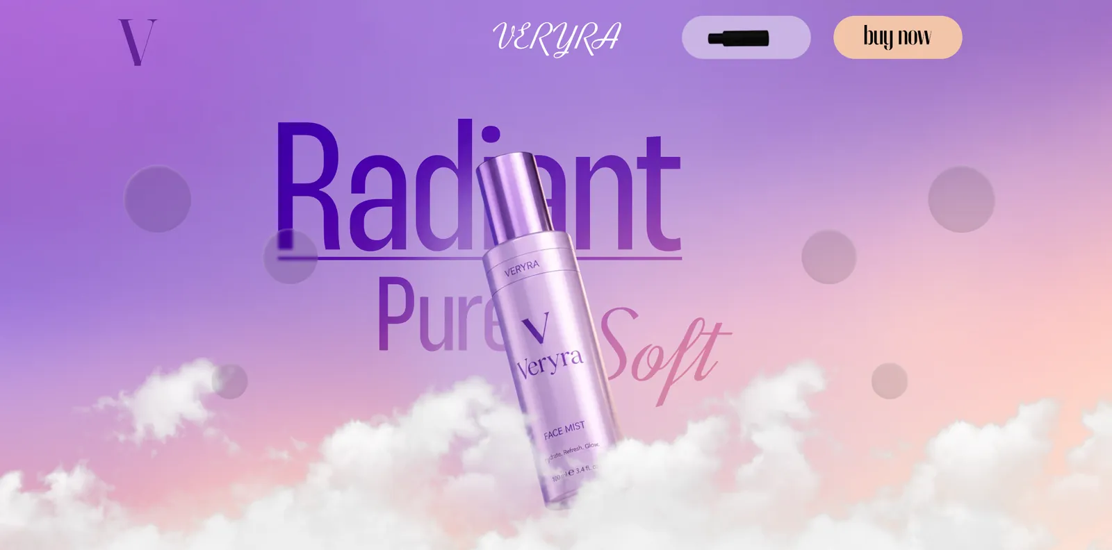 Veryra website. A lilac face mist bottle rising through clouds in front of the words Radiant, Pure, and Soft.